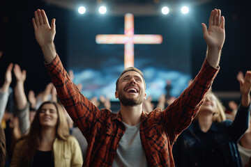 joyful man worships in modern Christian church, raising his hands in praise. congregation is engaged, with large illuminated cross in background, creating spiritual atmosphere