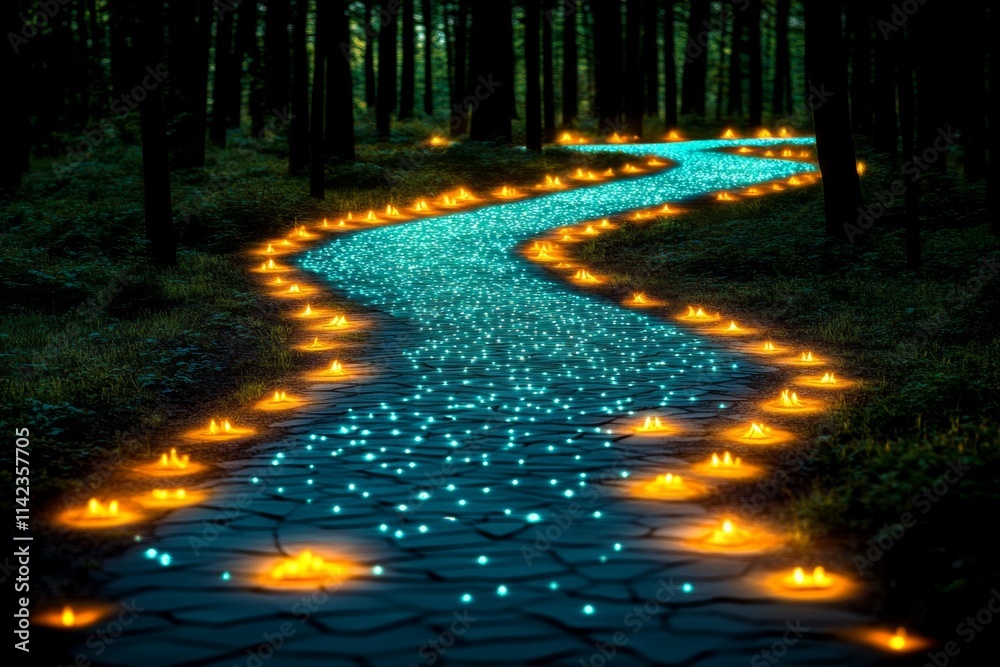 Poster a magical forest glowing with bioluminescent plants and enchanted creatures, with sparkling light be