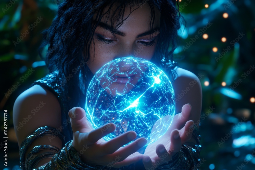 Poster a magical figure focusing energy into a glowing orb held between their hands, surrounded by swirling