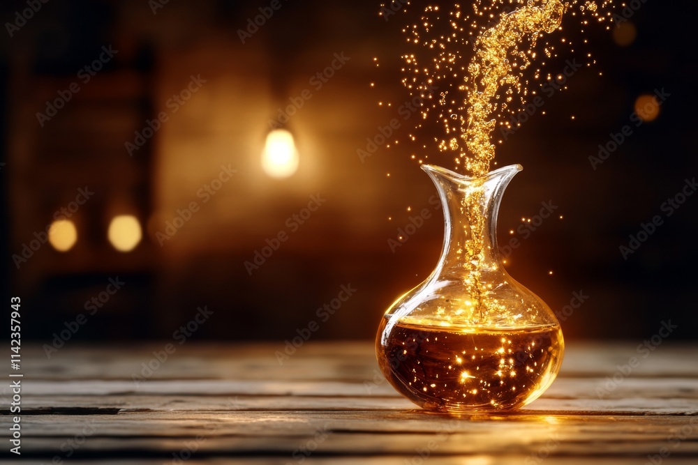 Poster a magical funnel glowing with mystical light, transferring a sparkling potion into an enchanted bott