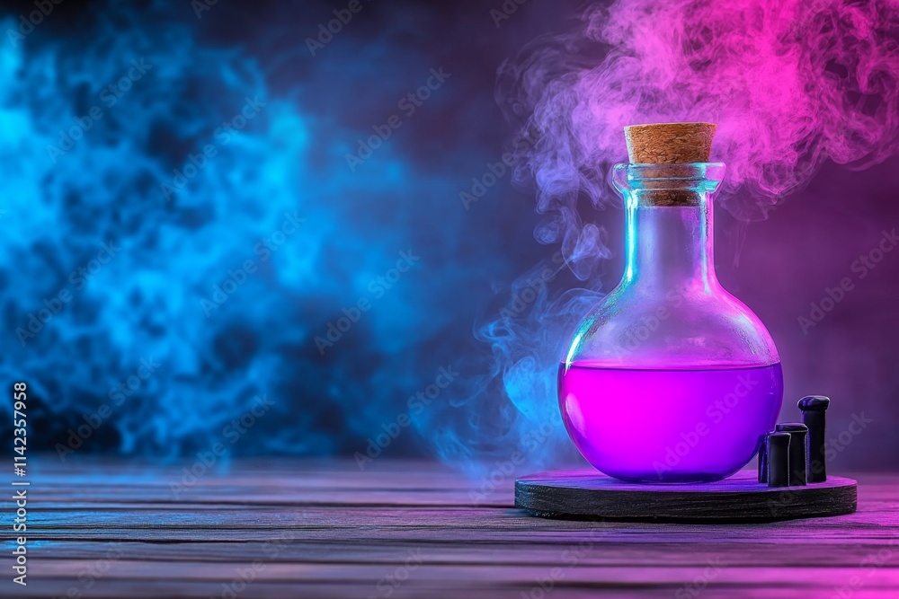 Poster a magical funnel glowing with mystical light, transferring a sparkling potion into an enchanted bott