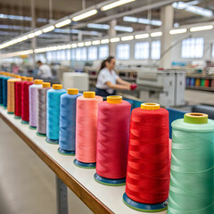 Spools of thread neatly arranged in rows, showcasing a variety of vibrant