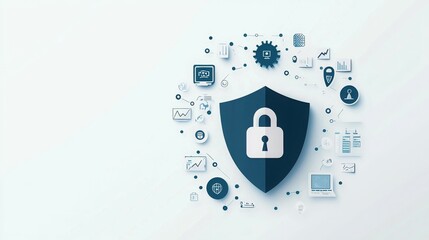 A digital shield icon symbolizing security, surrounded by various technology-related icons.