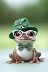 charming frog wearing green hat and glasses, complete with bow tie, exudes playful and whimsical vibe. This delightful creature is perfect for nature lovers and whimsical decor