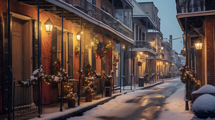 Fototapeta premium New Orleans French Quarter Winter Setting Christmas Time with Fairy Tale Snow