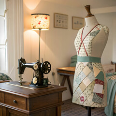A dress form paired with a vintage sewing machine creates a nostalgic,