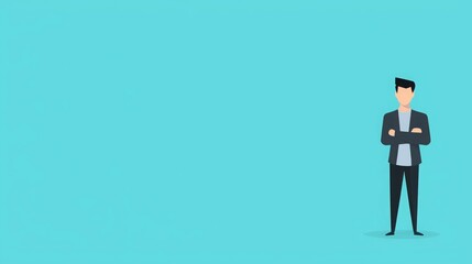 A minimalist illustration of a man standing confidently against a blue background.