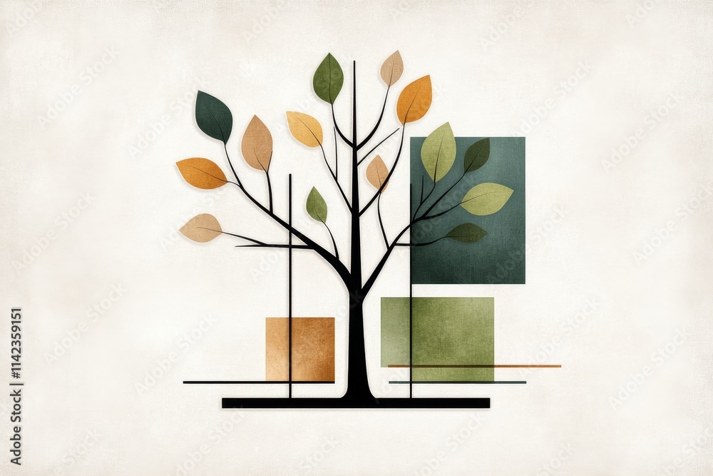 Poster a minimalist illustration of a single tree silhouette surrounded by clean geometric lines representi