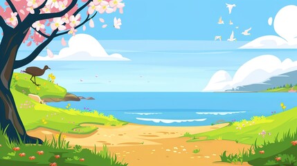Fototapeta premium Enchanting Spring Seaside Backdrop: Azure Waves, Golden Sands, Seagulls Soaring, Beachcombing, Sunlit Shores, Coastal Breezes, Seashell Treasures, Vacation Vibe, Ocean Horizon, Dune Landscapes & More