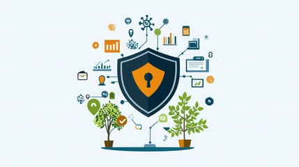 Fototapeta premium A shield symbolizing security, surrounded by icons representing data and technology.
