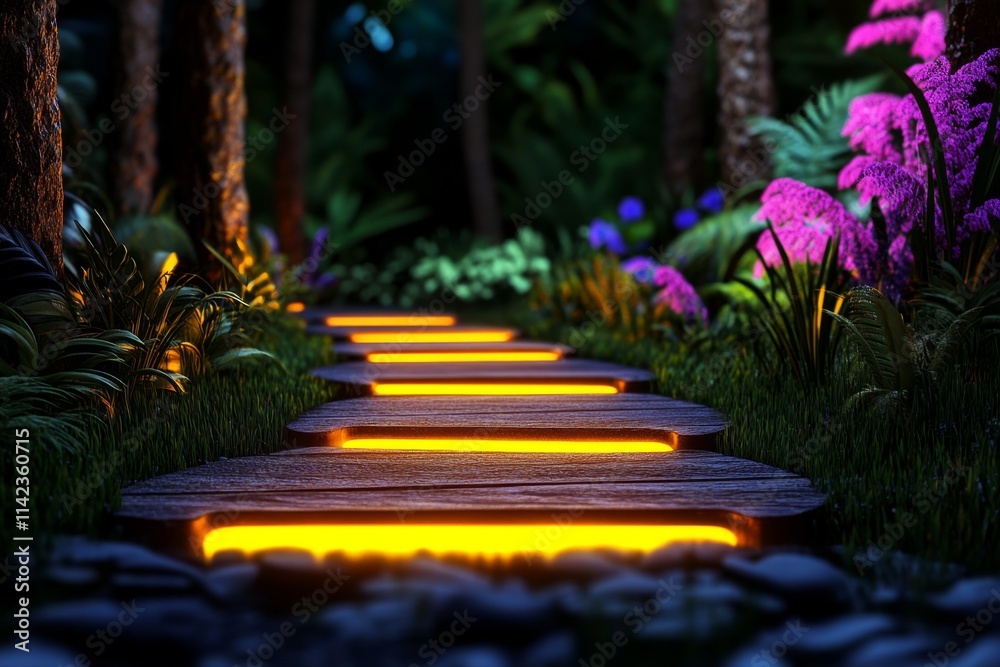 Poster a mystical scene of glowing footprints leading through an enchanted forest, with light beams radiati