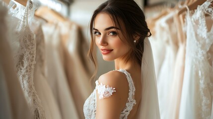 Naklejka premium A bride surrounded by wedding dresses hanging on racks, thoughtfully selecting her favorite styles