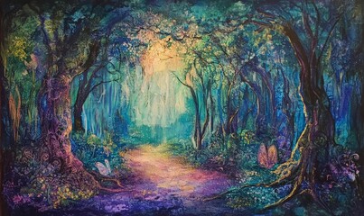 Enchanted forest path, vibrant colors, mystical mood.