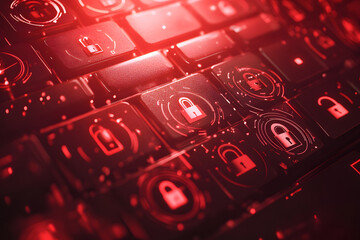 Cyber security red theme keyboard concept with digital padlocks, hacking, malware, data protection, locked and unlocked access, abstract technology background, privacy breach warning