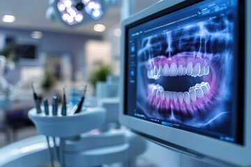A digital 3D scan of perfectly aligned teeth on a computer screen in a dental clinic.