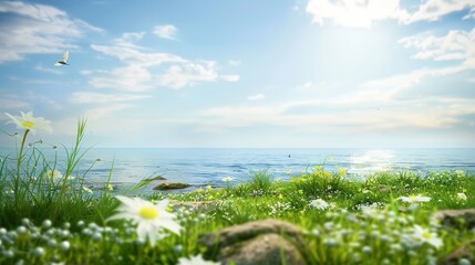 Enchanting Spring Seaside Backdrop: Azure Waves, Golden Sands, Seagulls Soaring, Beachcombing, Sunlit Shores, Coastal Breezes, Seashell Treasures, Vacation Vibe, Ocean Horizon, Dune Landscapes & More
