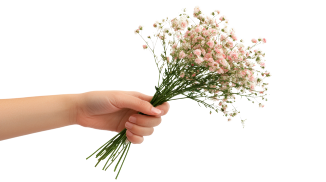 Hand holding floral bouquet, isolated on transparent background