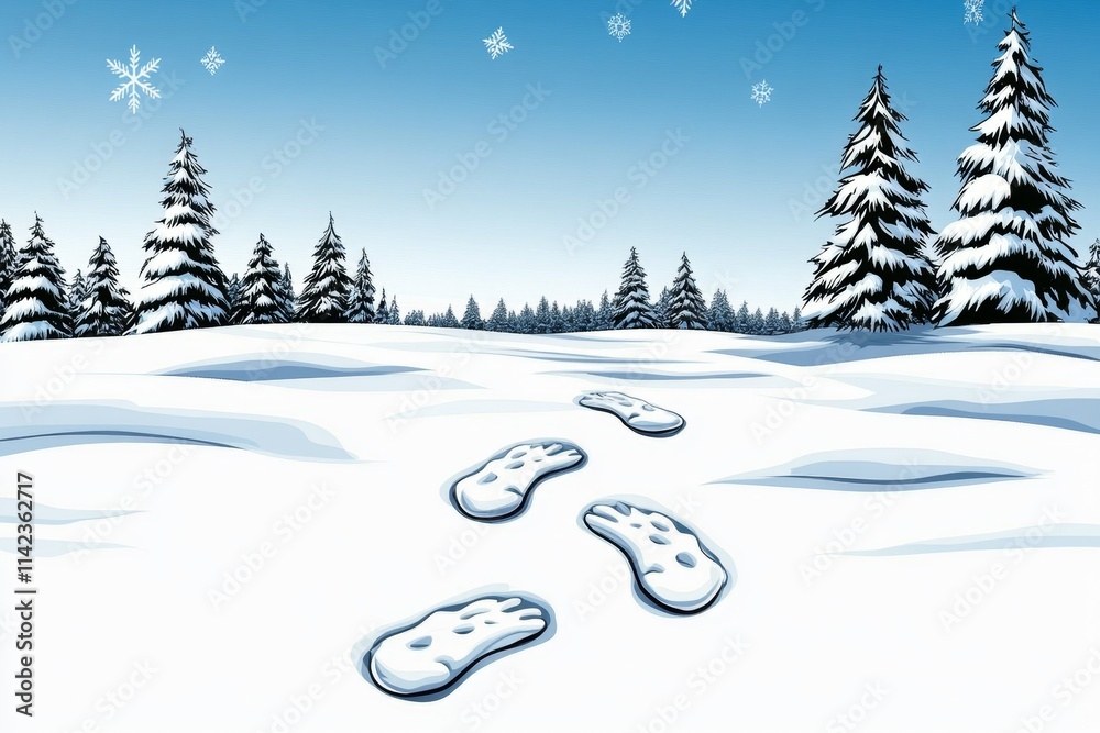 Poster A pixel art scene of footprints forming a trail through a snowy landscape, with animated snowflakes falling softly in a retro game style