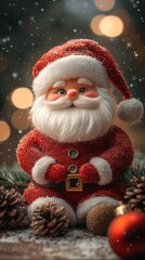 Cute Christmas phone wallpaper of a Santa Claus ornament surrounded by pinecones and festive decor in a cozy holiday setting with snow.