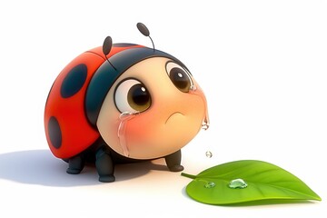 Naklejka premium Cute cartoon 3d ladybug sad crying isolated white background