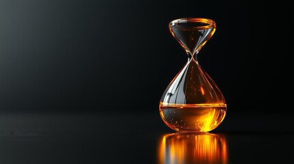 Glass hourglass with glowing amber liquid on dark background