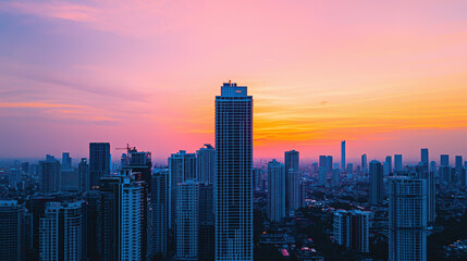 Obraz premium Stunning city skyline at sunset with vibrant colors and tall buildings. urban landscape showcases modern architecture against beautiful twilight sky