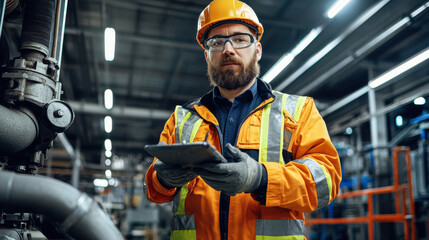 maintenance engineer in orange safety jacket checks equipment with tablet in factory