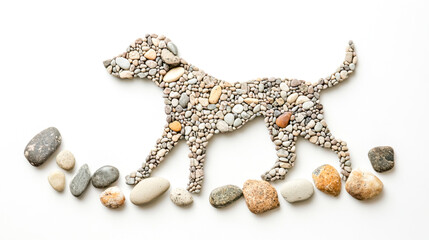 Obraz premium Dog figure formed from tiny pebbles and stones walking on white background