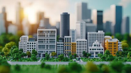 Obraz premium Modern city skyline with buildings, greenery, and sunset
