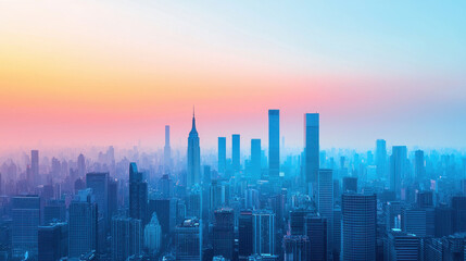 Fototapeta premium stunning city skyline at sunset, showcasing tall buildings and vibrant gradient of colors in sky. scene captures essence of urban life and architectural beauty