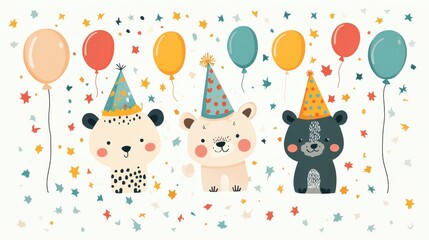 Fototapeta premium Cute party bears with balloons and confetti celebrating a festive occasion