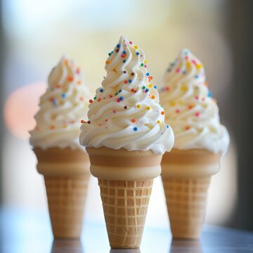 three soft serve ice cream cones with colorful sprinkles