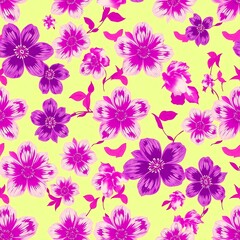 Floral Delight:  A whimsical and vibrant pattern of purple and pink flowers with delicate green leaves, rendered in a playful and cheerful style, perfect for adding a touch of charm to your designs.