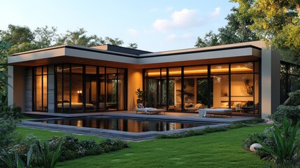 Modern house with pool in a lush landscape.