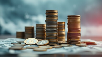 Financial Growth and Stability: Stacks of coins rising to represent financial success and stability, with dollar bills in the foreground.  A powerful visual for concepts of wealth, investment.