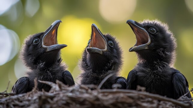 Three baby crows singing in unison from their nest on a warm spring day