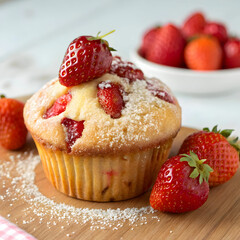 A delicious strawberry muffin, soft and moist, bursting with fresh strawberries,