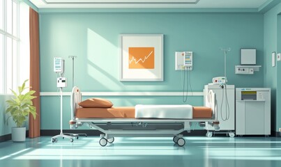 Illustration hospital interior in recovery or inpatient room with bed and amenities