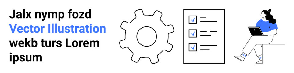 Gear icon, checklist with checkmarks, person with laptop. Ideal for productivity, teamwork, efficiency, project management, organization, remote work, digital collaboration. Landing page