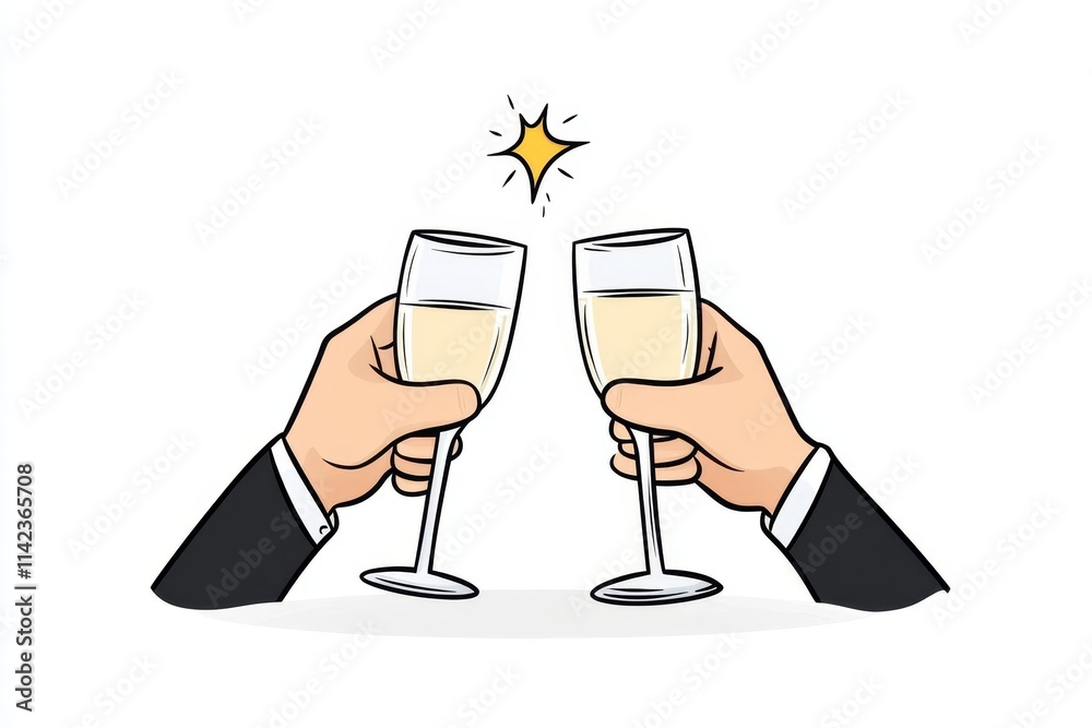Poster A simple line art drawing of two hands clinking glasses in a toast, with a small spark above to symbolize celebration
