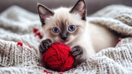 Naklejka premium Cute kitten playing with red yarn ball on cozy knitted blanket