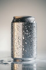 Refreshing beverage can surrounded by water droplets studio setting product photography minimalist aesthetic