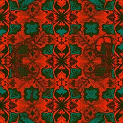 Crimson Teal Mandala: Intricate design, rich color palette, symmetrical pattern, seamless repeat. Perfect for textile, fashion, home decor, and digital art projects.