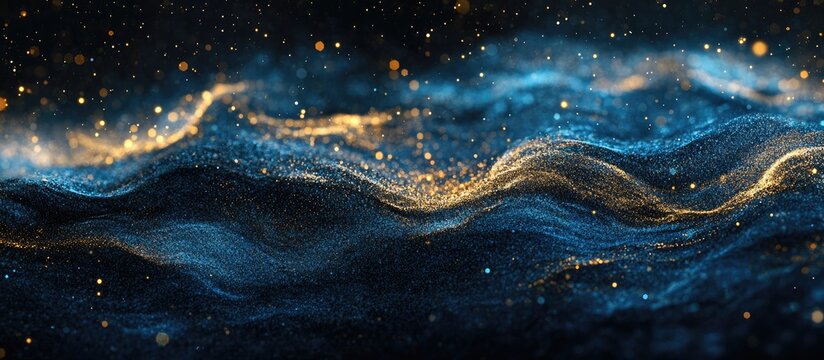 Blue waves shimmer with hints of gold and silver, giving a gemstone-like glow against a deep black background