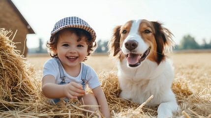 Child enjoys playful moment with dog on sunny day in a straw field