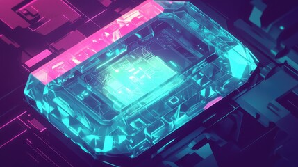 A futuristic depiction of a prototype microchip, with soft, glowing edges and detailed geometric patterns