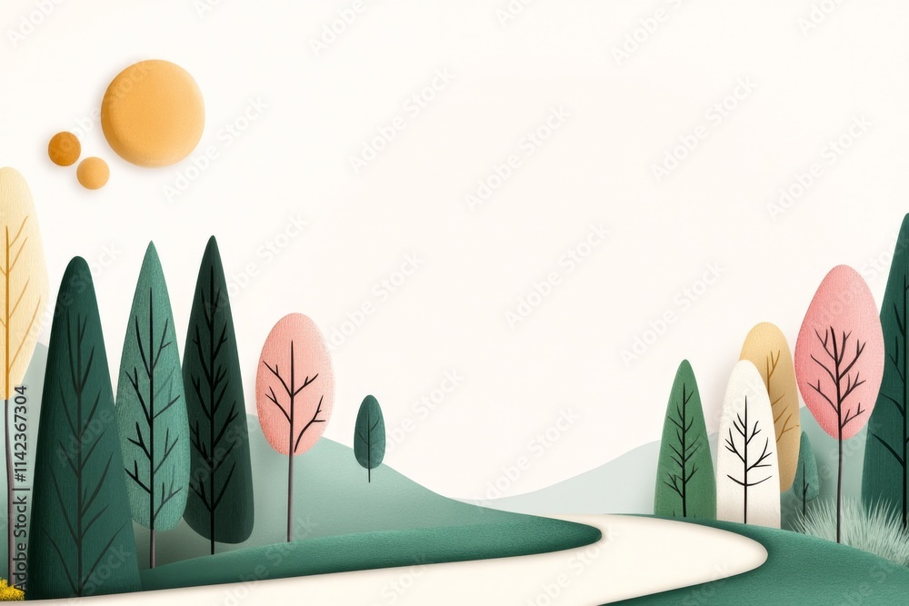 Poster a stylized graphic of a winding forest trail, using simple shapes and muted earth tones to create a 