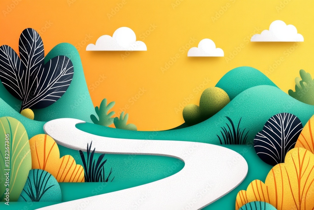 Aufkleber a stylized graphic of a winding forest trail, using simple shapes and muted earth tones to create a 