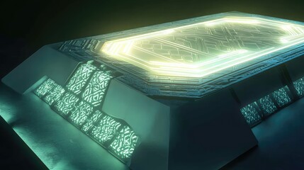 A futuristic depiction of a prototype microchip, with soft, glowing edges and detailed geometric patterns