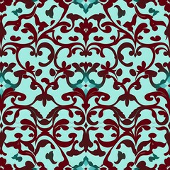Damask Elegance: Teal and Burgundy Floral Pattern